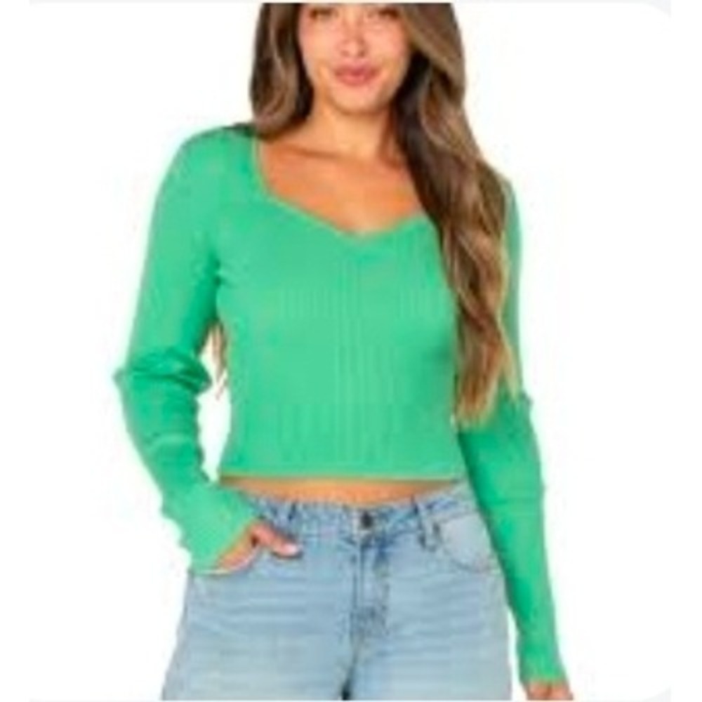 Celebrity Pink Womens Sweetheart Neck Ribbed Long Sleeve Cropped Top Green SizeM